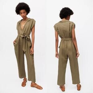 New En Saison Linen Blend Wrap Belted Collared Khaki Jumpsuit Size XS